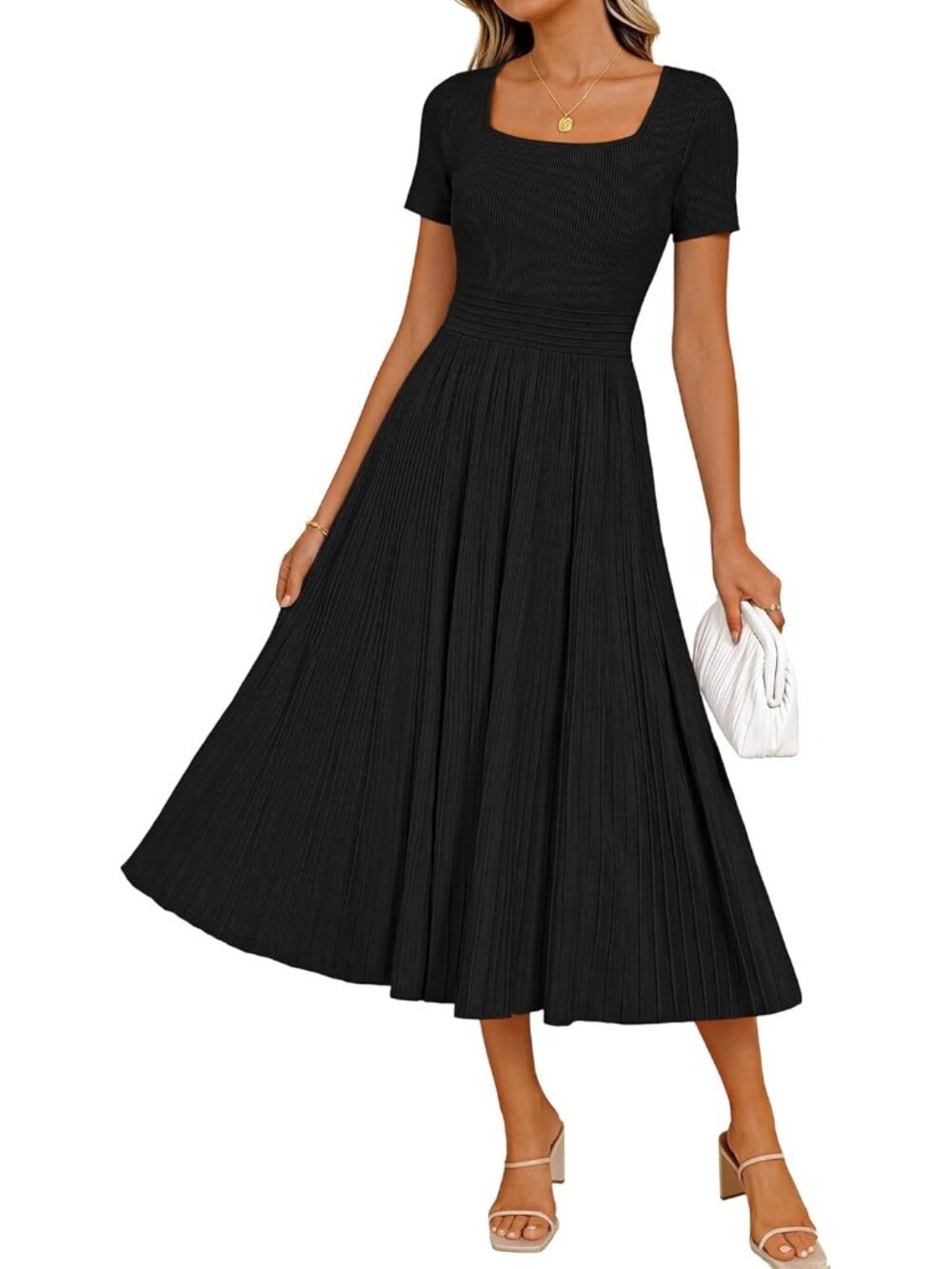 Women's Black Short Sleeve Square Neck A LINE Imported MIDI Sweater Dress